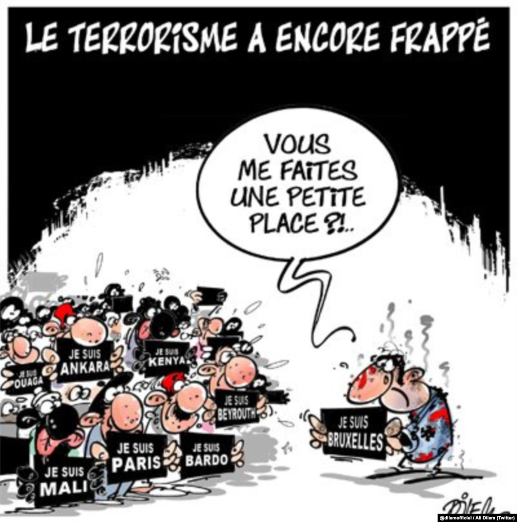 Një tjetër karikaturë popullore. Përkthimi nga frëngjishjta: Terrorizmi godet përsëri: A mund të bëni një vend të vogël për mua? 
