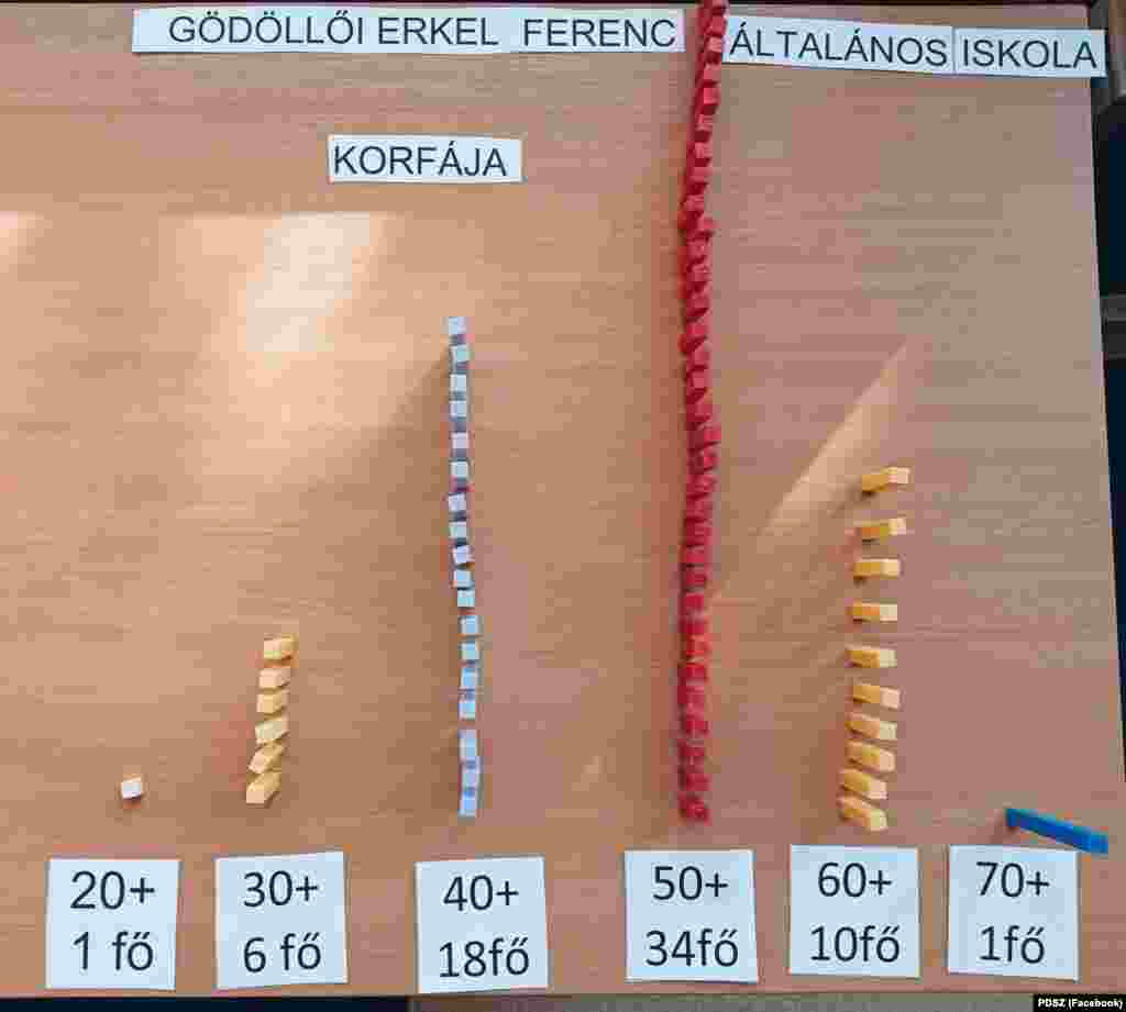 A Gödöllői Erkel Ferenc Általános Iskola hetvenfős pedagóguskarának korfája színes építőkockákból