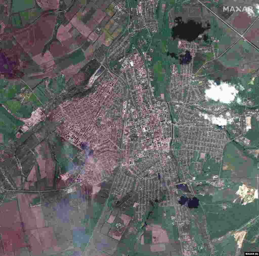 Ista panorama na satelitskom snimku od 15. maja 2023. Ruske snage izvele su 55 napada na ukrajinske pozicije u Bakmutu samo za jedan dan, 16. maja, objavio je Generalštab ukrajinske vojske 17. maja 2023.
