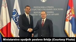 Претседавачот на ОБСЕ и министер за надворешни и европски работи и трговија на Малта Јан Борг и првиот потпретседател на Владата на Србија и министер за надворешни работи во технички мандат Ивица Дачиќ. Белград, 10 април 2024 година.