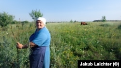 Tetyana, 62 vjeçe, në livadh me njërën nga lopët e saj të mbijetuara, në Avdivka, Ukrainë.