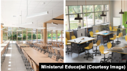 Imagine din prezentarea conceptului de școală model, în stânga - o cantină, în dreaptă - o sală de studii.