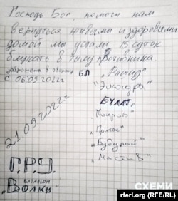 Un bilet lăsat de batalionul Redut, cunoscut sub numele de Lupii, cerând ajutor după ce au fost izolați de forțele rusești în estul regiunii ucrainene Harkov. În colțul din stânga jos apare acronimul serviciului secret rus GRU.