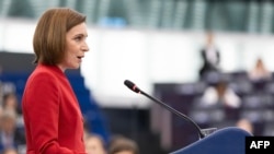Maia Sandu la tribuna Parlamentului European, pe 9 septembrie 2025. 