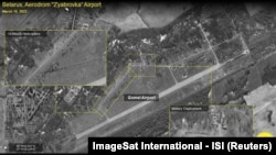 A satellite image from March shows a military presence at the Zyabrauka air base, which is located some 30 kilometers from the Ukrainian border.