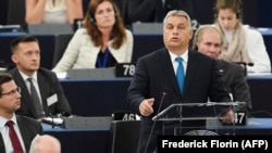 Orbán Viktor beszédet tart az Európai Parlamentben egy Magyarországról szóló vitában 2018. szeptember 11-én
