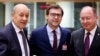 Miniștrii de externe Jean-Yves Le Drian (Franța), Nicu Popescu (R.Moldova) și Bogdan Aurescu (România), Bruxelles, 21 martie 2022. 