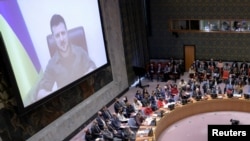 Președintele ucrainean Volodimir Zelenski la reuniunea de urgență a Consiliului de securitate ONU, New York, Statele Unite, 5 aprilie 2022
