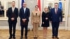 Novák Katalin köztársasági elnök (k), balra Dabóczi Kálmán alelnök és Bíró Ferenc elnök, jobbra Molbusz Tímea alelnök valamint Windisch László, az Állami Számvevőszék elnöke az Integritás Hatóság vezetőinek kinevezésén a Sándor-palota Tükörtermében 2022. november 4-én.