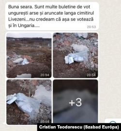 Képernyőkép egy WhatsApp-üzenetről a 2022-es magyar választások levélszavazatairól készült fotókkal egy nyugat-romániai temető melletti telken