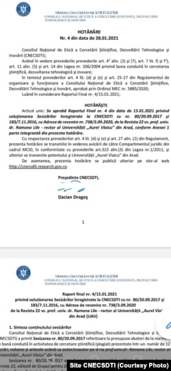 Hotărârea 4/2021 a CNECSDTI de sancționare a plagiatului multiplu al Ramonei Lile de la UAV Arad