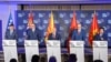 Zoran Tageltija, Aleksandar Vuçiq, Dimitar Kovaçevski, Edi Rama dhe Dritan Abazoviq në Samitin e Ballkanit të Hapur zhvilluar në Ohër, 8 qershor 2022.