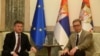Miroslav Lajçak, përfaqësues i posaçëm i BE-së për dialogun Kosovë-Serbi, dhe presidenti serb, Aleksandar Vuçiq, Beograd 29 qershor 2022.
