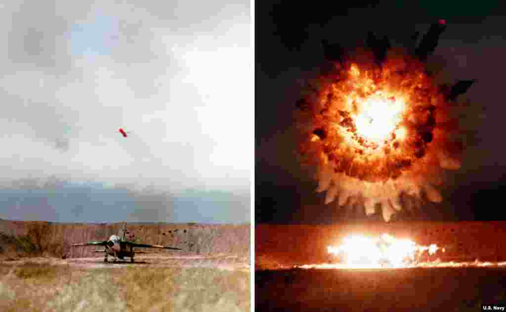 Imaginile combinate arată o rachetă Tomahawk detonând deasupra unui avion în timpul testelor din 1986. Racheta lungă de 5,5 metri este echipată cu un focos de aproape jumătate de tonă și poate zbura aproximativ 1.600 de kilometri.
