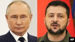Рускиот претседател Владимир Путин и украинскиот претседател Володомир Зеленски (комбо фотографија)