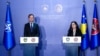 Konferenca e përbashkët për media e shefit të NATO-s, Mark Rutte, dhe presidentes së Kosovës, Vjosa Osmani, në Prishtinë, më 11 mars 2025.