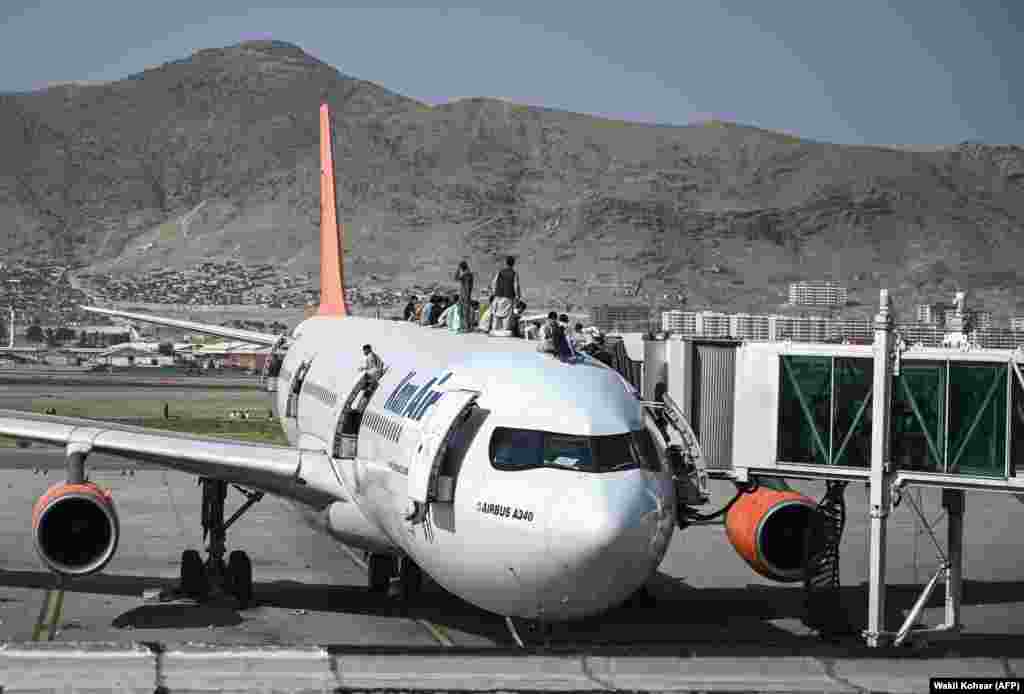 Afghans climb atop a plane as they wait in hope of being rescued at the airport.