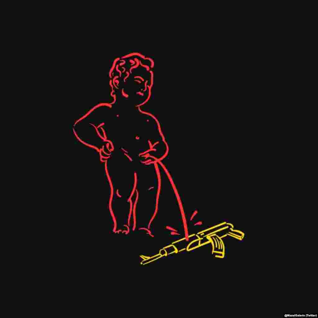 Një tjetër karikaturë që i referohet skulpturës Manneken Pis.