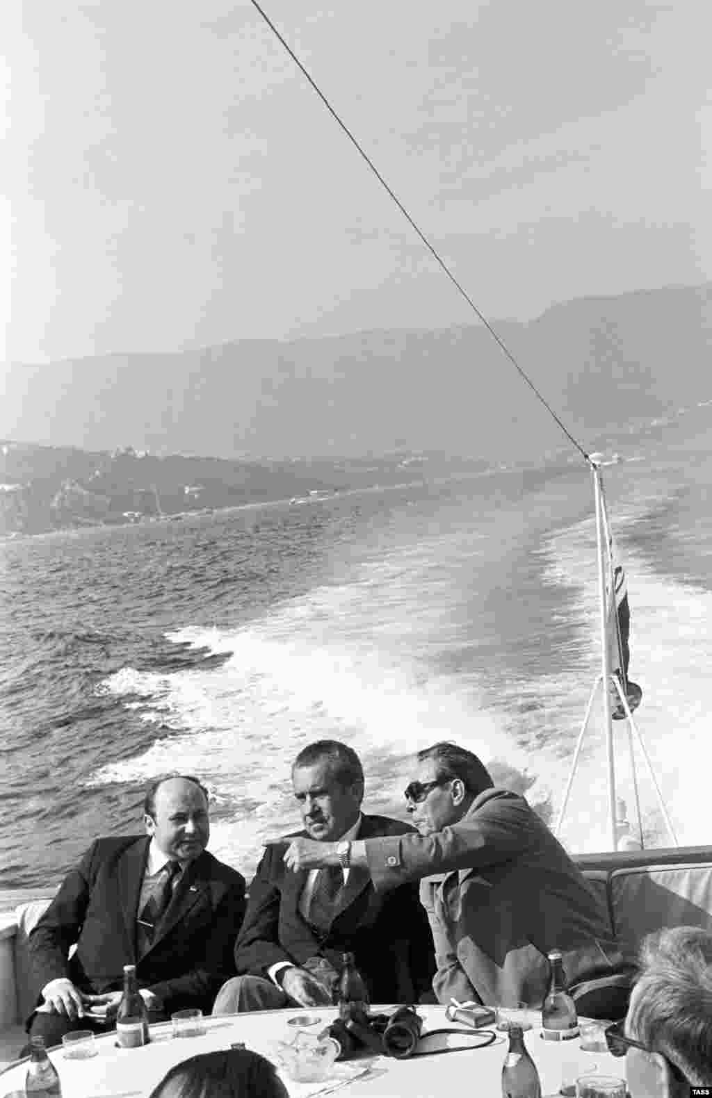 Despite their often testy relationship, Brezhnev and U.S. President Richard Nixon also shared more relaxing moments. The Cold War adversaries went on a Black Sea boat trip during Nixon&#39;s trip to Crimea in 1974.&nbsp;