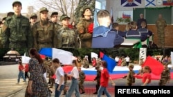 Колаж од слики што ја прикажуваат милитаризацијата на украинските деца на териториите окупирани од Русија во Украина