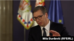српскиот претседател Александар Вучиќ за време на онлајн конференција организирана од Атлантскиот совет 