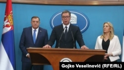 Bosna i Hercegovina, Banja Luka, predsjednik Srbije Aleksandar Vučić (u sredini), predsjednica Republike Srpske Željka Cvijanović (desno) i predsjedavajući Predsjedništva BiH Milora Dodik (lijevo), 22. aprila 2021.