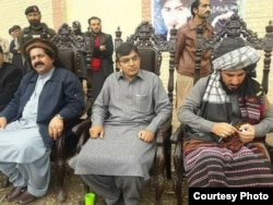 Ali Wazir (L), Mohsin Dawar and Manzoor Pashteen in Mir Ali, North Waziristan on March 2.