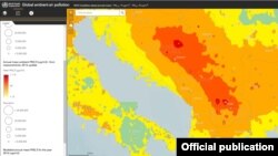 СЗО: Мапа на која се прикажани годишните нивоа на аерозагадување до честичките ПМ2,5.
