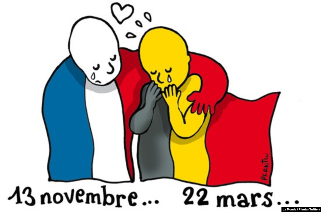  Karikaturisti i gazetës franceze, Le Monde, ka lidhur ngjarjet në Bruksel me sulmet terroriste në Paris, të cilat kanë ndodhur nëntorin e kaluar. (Burimi: mediat sociale)