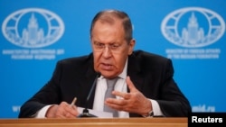 Ministrul rus de externe Serghei Lavrov la conferința sa anuală de presă, Moscova, 14 ianuarie 2022.