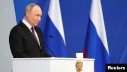 Presidenti rus, Vladimir Putin, gjatë fjalimit vjetor. Moskë, 29 shkurt 2024. 