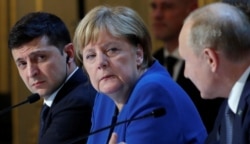 Volodimir Zelenski, Angela Merkel și Vladimir Putin la Paris, 10 nov., 2019