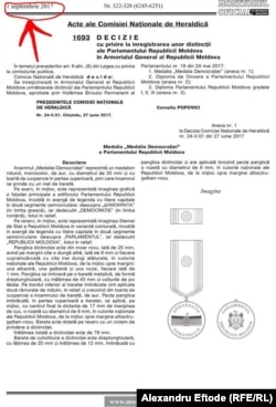 Monitorul Oficial, 1 septembrie 2017, decizia înregistrării distincțiilor Parlamentului.
