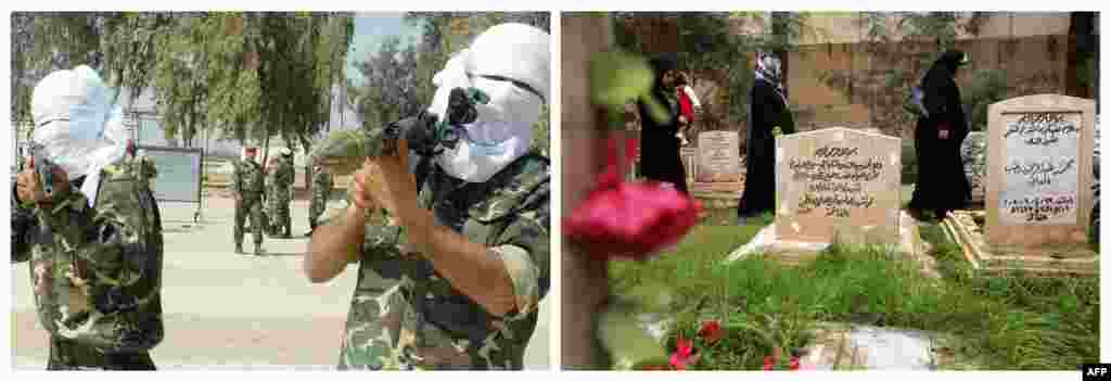 Left: Dobrovoljci za odbranu Iraka u vojnom kampu za obuku iračkih specijalnih snaga, 12. mart 2003. Desno: Grobovi neidentificiranih boraca, Bagdad, 13. februar 2013. 