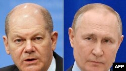 Një fotografi e kombinuar e kancelarit të Gjermanisë, Olaf Scholz (majtas) dhe presidentit rus, Vladimir Putin.
