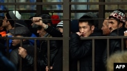 Lucrători migranți stau la coadă într-o zonă de așteptare din preajma unui birou al Serviciului Federal de Migrație din Moscova, în încercarea de a obține un permis de muncă.