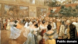 Aristocrați în jurul Împăratului Franz Josef la un bal la Palatul imperial Hofburg din Viena. „Hofball in Wien”, acuarelă de Wilhelm Gause (1900).