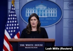 Sarah Huckabee Sanders gjatë një konference për media në Shtëpinë e Bardhë. 14 qershor 2018.