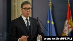 Presidenti serb, Aleksandar Vuçiq gjatë konferencës për media në Beograd. 7 gusht, 2018