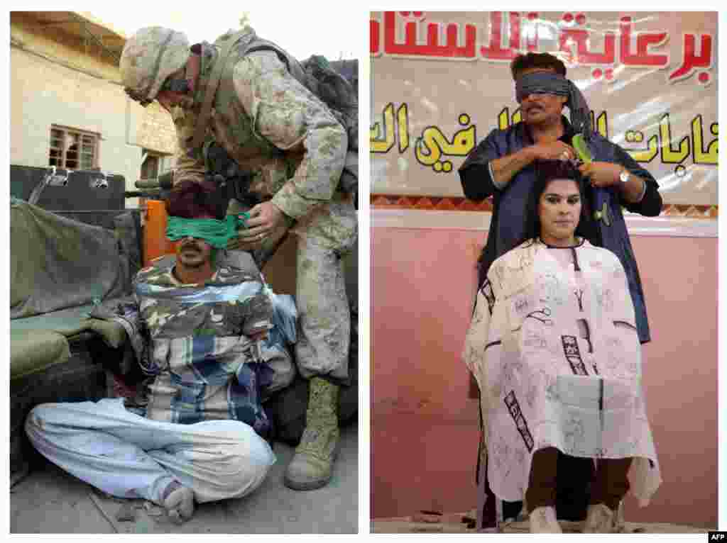 Lijevo:Left: Amerilki marinas sa osumničenim pobunjenikom, Fullujah, 12. novembar 2004. Desno: Natjecanje frizera, Bagdad, 9. februar 2013. 