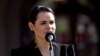 SLOVAKIA -- Belarusian opposition leader Svyatlana Tsikhanouskaya delivers a statement next to Slovak Prime Minister in Bratislava, October 8, 2020
