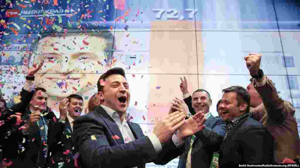 Volodimir Zelenski celebrând victoria la prezidențialele din Ucraina, 21 aprilie 2019