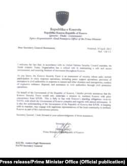 Letra që Thaçi i kishte dërguar Sekretarit të Përgjithëm të NATO-s.