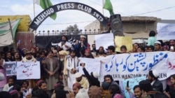 Supporters of the Pashtun Tahaffuz Movement shout slogans to demand the release of their leader Manzoor Pashteen in the southern district of Tank on January 28.