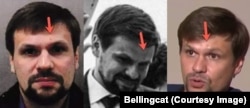 Tri različite slike Anatolija Čepige. S leva na desno 1) fotografija Čepige na aerodromu Getvik u martu 2018. koju su objavile britanske vlasti; 2) isti čovek na venčanju ćerke ruskog vojnog oficira 2017; 3) Čepiga, koji se predstavio kao Ruslan Boširov, tokom intervjua s ruskom televizijom posle trovanja Skripalja 2018.