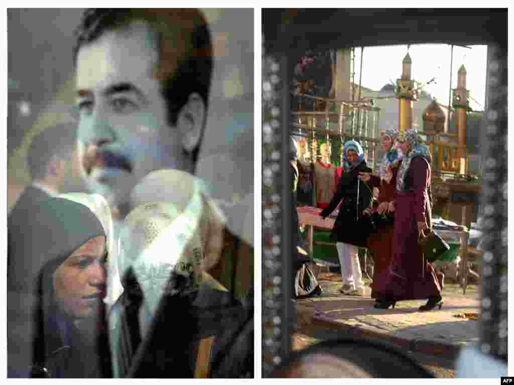 Lijevo: Slika Sadama Huseina, 25. januar 2003. Desno: Ulice Bagdada, 4. februar 2013. 