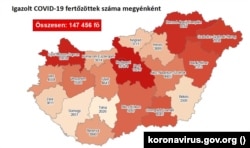 Az igazolt COVID-fertőzöttek száma megyei bontásban Magyarországon 2020. november 16-án.