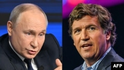 Kombinovane fotografije ruskog predsednika Vladimira Putina i američkog desničarskog političkog komentatora Takera Karlsona.