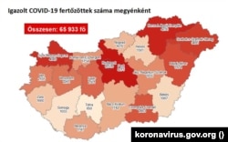 Az igazolt COVID-fertőzöttek száma Magyarországon, megyei bontásban 2020. október 28-án, a járványról tájékoztató kormányzati portál szerint.
