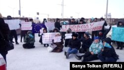 Two of the activists were jailed for taking part in a rally in front of the EU office in the Kazakh capital on November 27. 